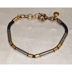J.Crew Beaded Slider Bracelet Silver & Gold Tone Beads on Black Leather Cord